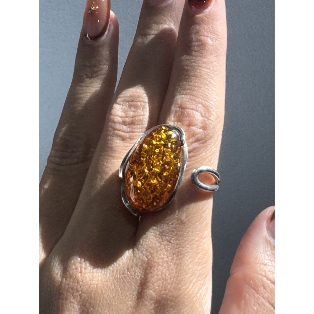 Vintage 925 Sterling Silver & Baltic Amber Ring Sz 8 ADJUSTABLE - Picture 9 of 12
